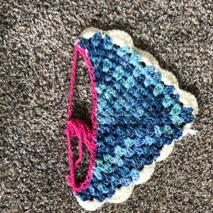 Crochet Blue, White, and Pink Dog Bandanna.